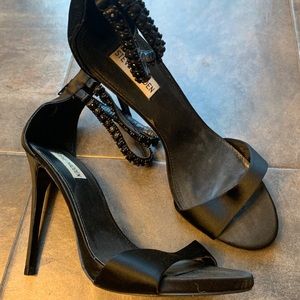 Steve Madden 5” black satin heel w/ beaded ankle